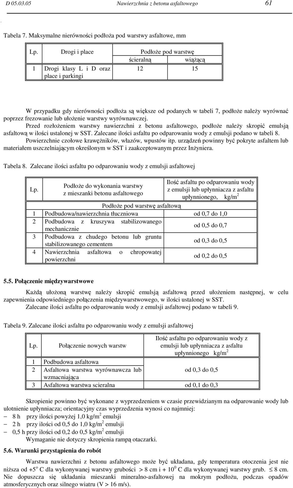 poprzez frezowanie lub ułoŝenie warstwy wyrównawczej. Przed rozłoŝeniem warstwy nawierzchni z betonu asfaltowego, podłoŝe naleŝy skropić emulsją asfaltową w ilości ustalonej w SST.