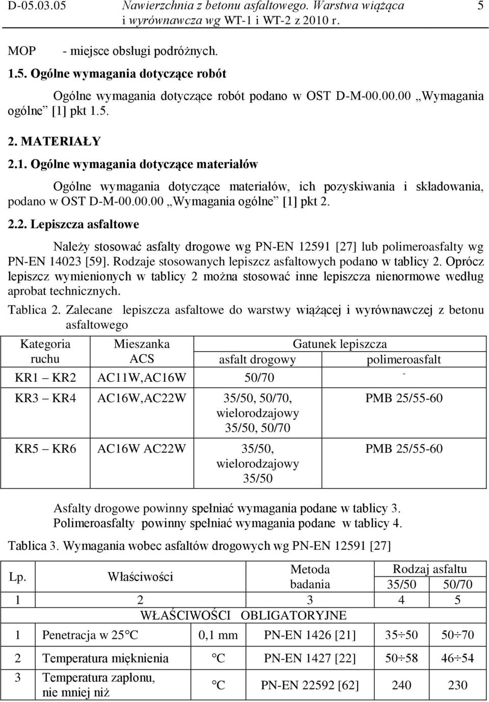 2.2. Lepiszcza asfaltowe Należy stosować asfalty drogowe wg PN-EN 12591 [27] lub polimeroasfalty wg PN-EN 14023 [59]. Rodzaje stosowanych lepiszcz asfaltowych podano w tablicy 2.