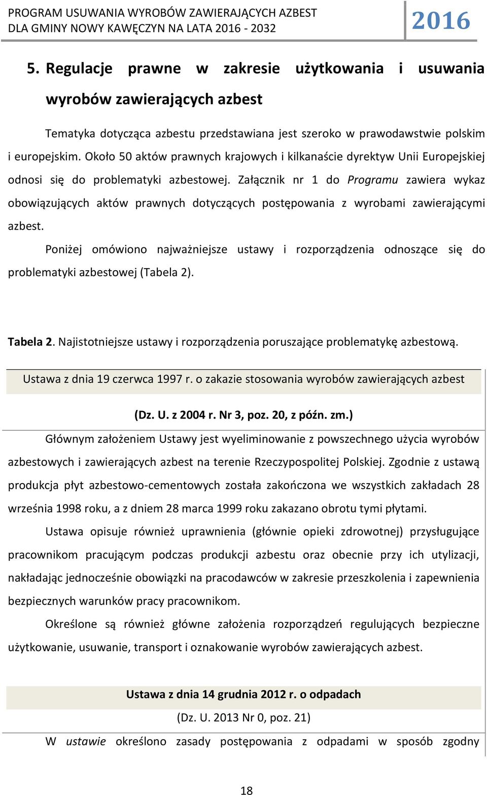 Załącznik nr 1 do Programu zawiera wykaz obowiązujących aktów prawnych dotyczących postępowania z wyrobami zawierającymi azbest.