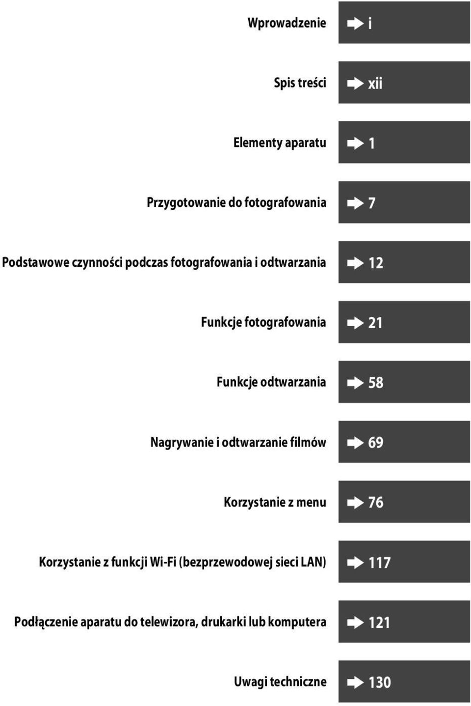 58 Nagrywanie i odtwarzanie filmów 69 Korzystanie z menu 76 Korzystanie z funkcji Wi-Fi
