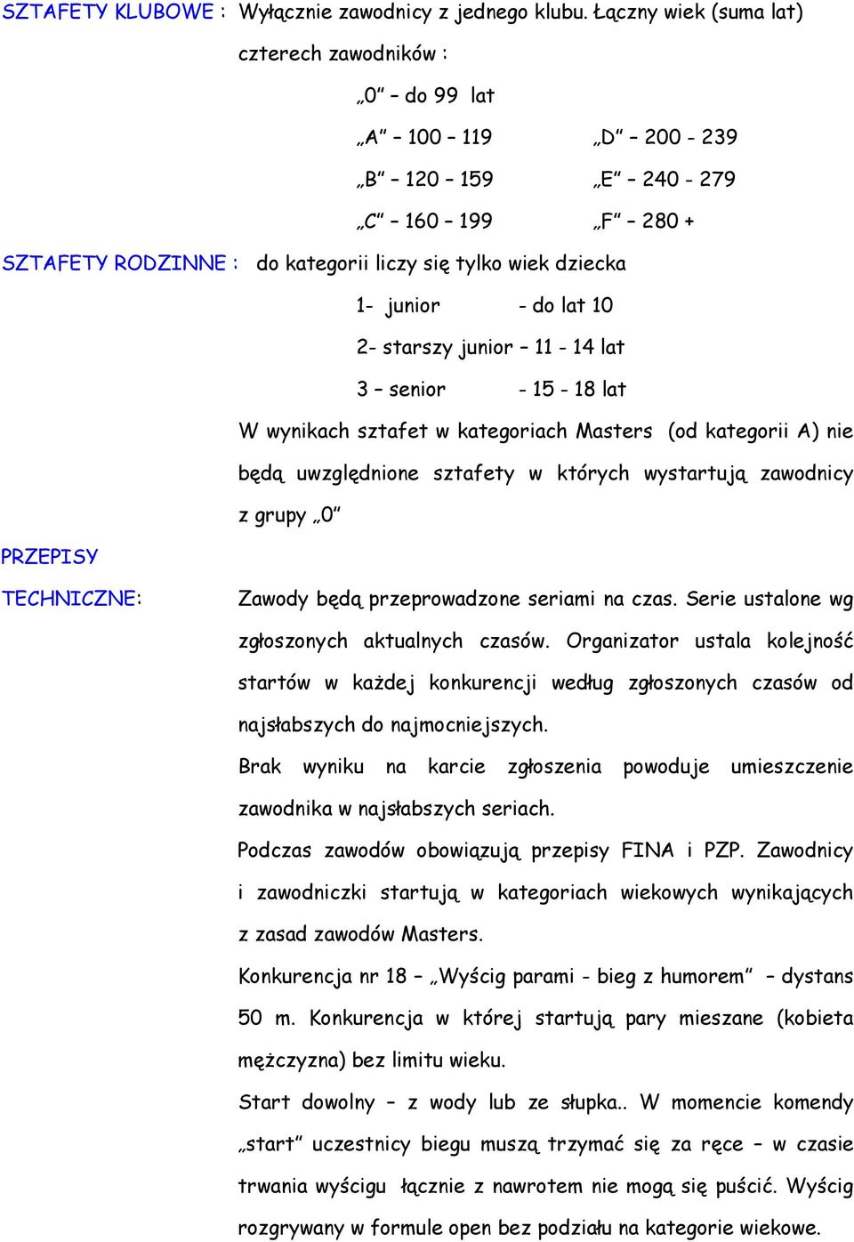 2- starszy junior 11-14 lat 3 senior - 15-18 lat W wynikach sztafet w kategoriach Masters (od kategorii A) nie będą uwzględnione sztafety w których wystartują zawodnicy z grupy 0 PRZEPISY TECHNICZNE:
