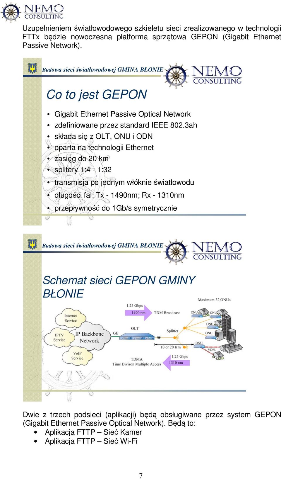 3ah składa się z OLT, ONU i ODN oparta na technologii Ethernet zasięg do 20 km splitery 1:4-1:32 transmisja po jednym włóknie światłowodu długości fal: Tx - 1490nm; Rx -