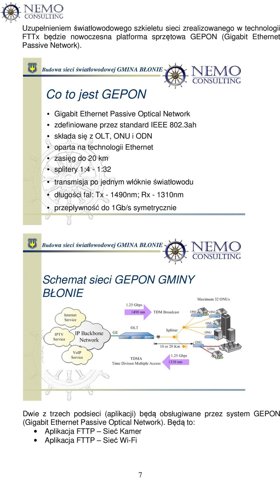 3ah składa się z OLT, ONU i ODN oparta na technologii Ethernet zasięg do 20 km splitery 1:4-1:32 transmisja po jednym włóknie światłowodu długości fal: Tx - 1490nm; Rx -