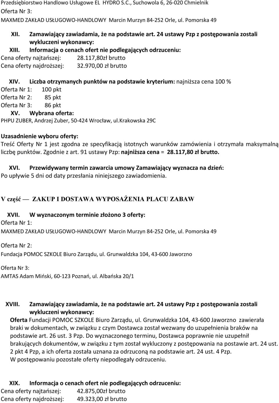 Liczba otrzymanych punktów na podstawie kryterium: najniższa cena 100 % 100 pkt 85 pkt 86 pkt XV.