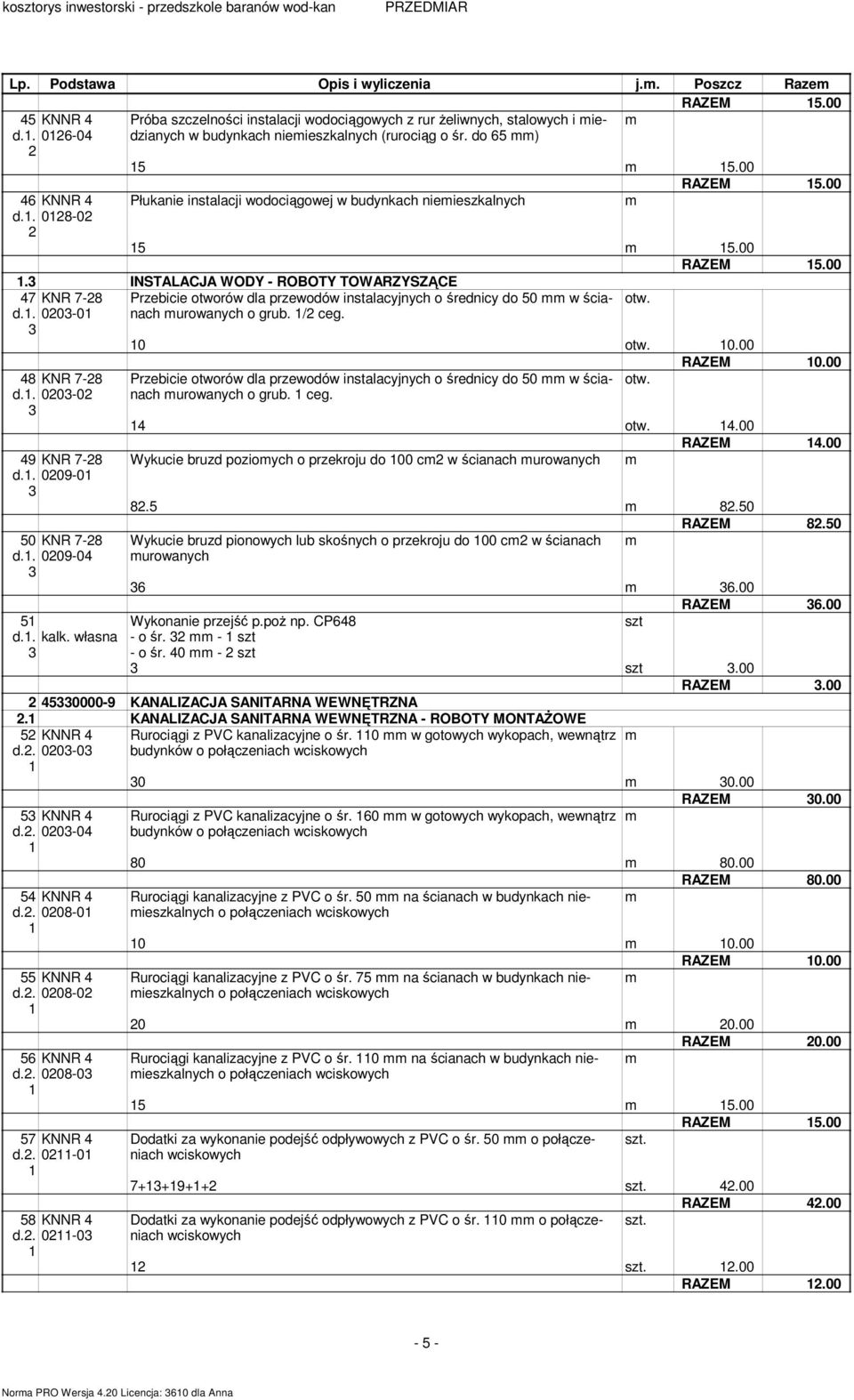 . 08-0 Płukanie instalacji wodociągowej w budynkach nieieszkalnych RAZEM 5.00 5 5.00 RAZEM 5.00. INSTALACJA WODY - ROBOTY TOWARZYSZĄCE 47 KNR 7-8 d.