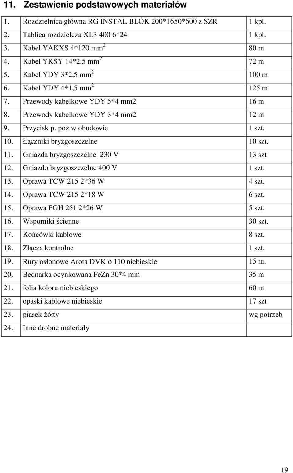 poż w obudowie 1 szt. 10. Łączniki bryzgoszczelne 10 szt. 11. Gniazda bryzgoszczelne 230 V 13 szt 12. Gniazdo bryzgoszczelne 400 V 1 szt. 13. Oprawa TCW 215 2*36 W 4 szt. 14.