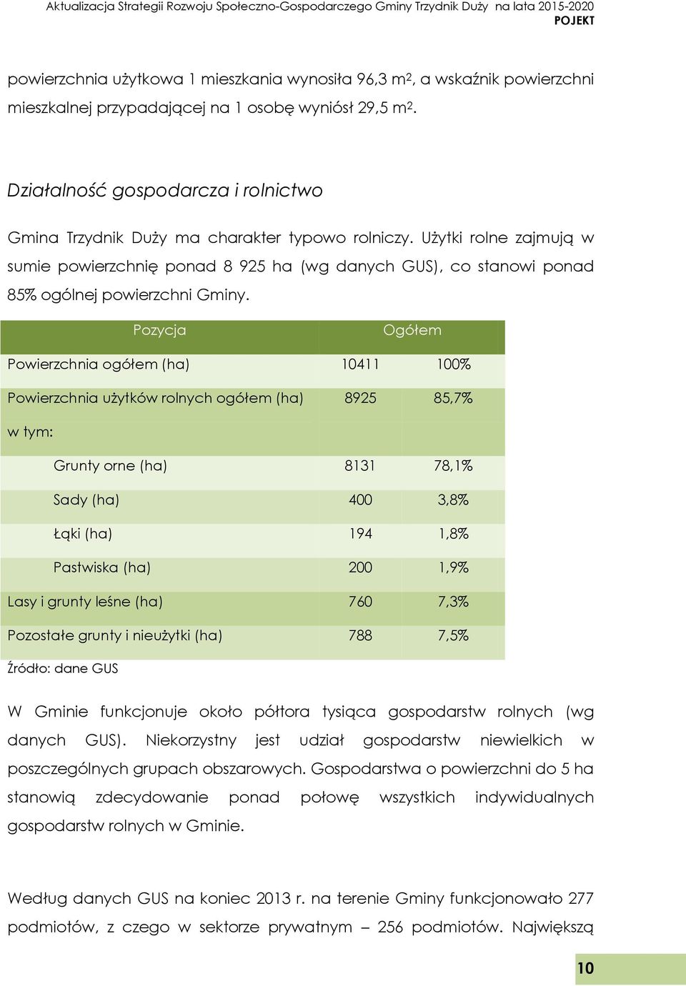 Użytki rolne zajmują w sumie powierzchnię ponad 8 925 ha (wg danych GUS), co stanowi ponad 85% ogólnej powierzchni Gminy.