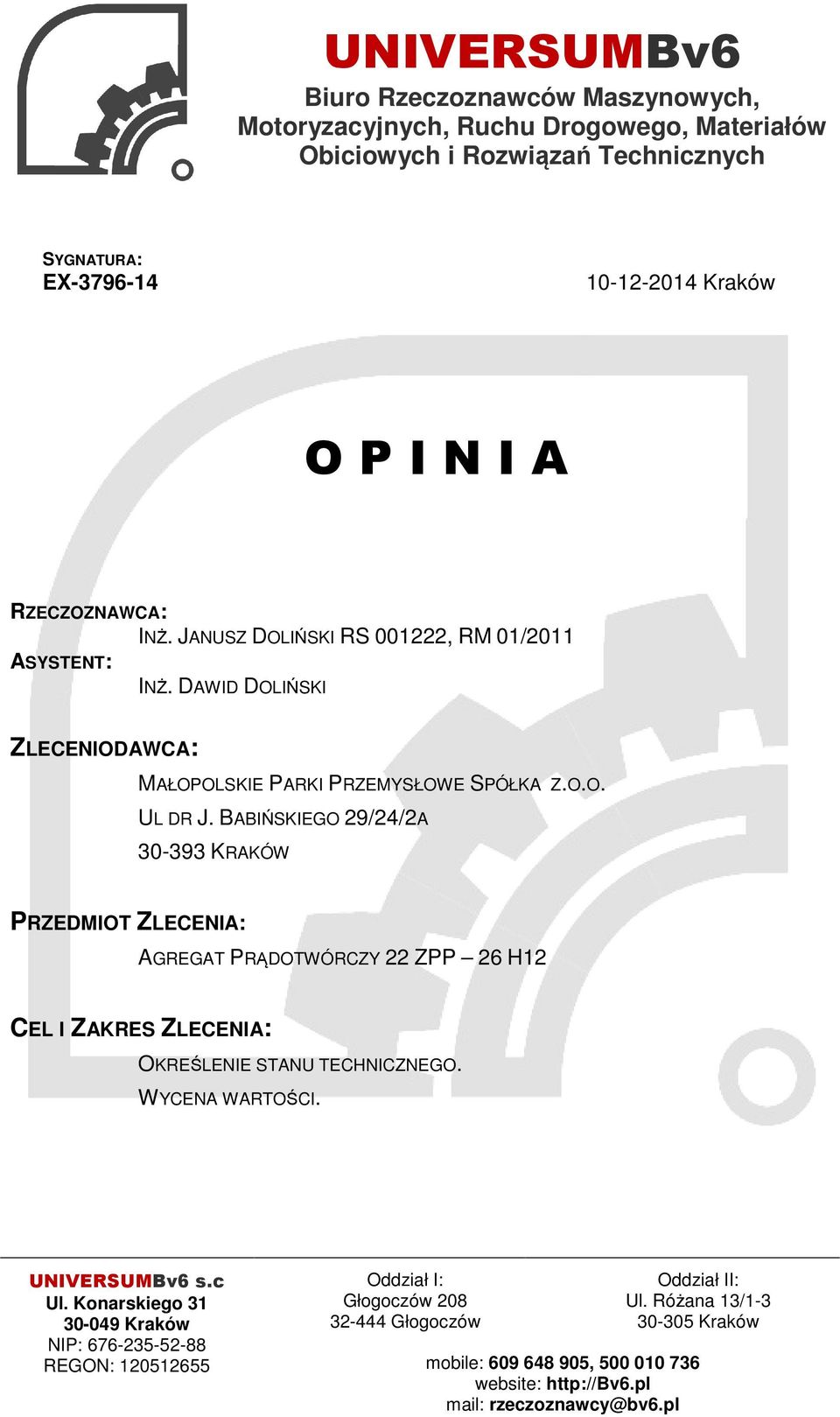 DAWID DOLIŃSKI ZLECENIODAWCA: MAŁOPOLSKIE PARKI PRZEMYSŁOWE SPÓŁKA Z.O.O. UL DR J.