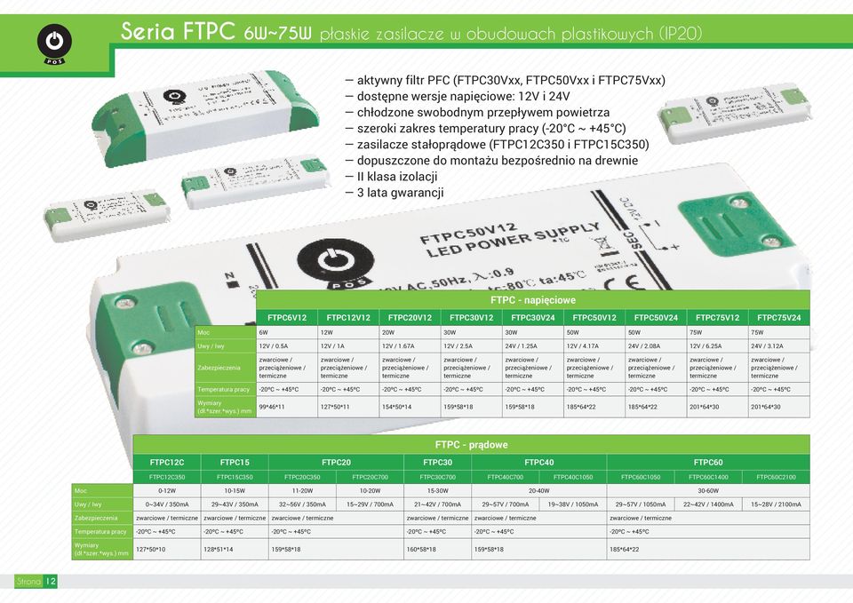 FTPC30V24 FTPC50V12 FTPC50V24 FTPC75V12 FTPC75V24 Moc 6W 12W 20W 30W 30W 50W 50W 75W 75W Uwy / Iwy 12V / 0.5A 12V / 1A 12V / 1.67A 12V / 2.5A 24V / 1.25A 12V / 4.17A 24V / 2.08A 12V / 6.25A 24V / 3.