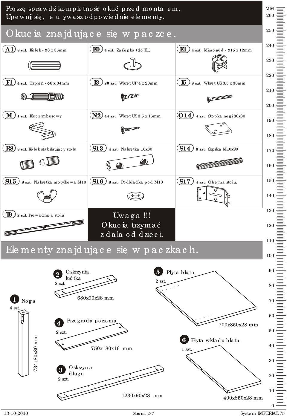 Stopka nogi 80x80 90 80 8 szt. Kołek stabilizujący stołu S 4 szt. Nakrętka 6x80 S4 8 szt. Szpilka M0x90 70 60 S5 8 szt. Nakrętka motylkowa M0 S6 8 szt. Podkładka pod M0 S7 4 szt. Obejma stołu.