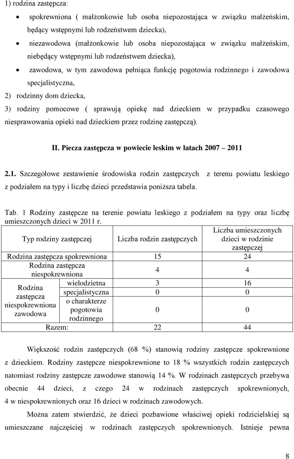 sprawują opiekę nad dzieckiem w przypadku czasowego niesprawowania opieki nad dzieckiem przez rodzinę zastępczą). II. Piecza zastępcza w powiecie leskim w latach 2007 2011