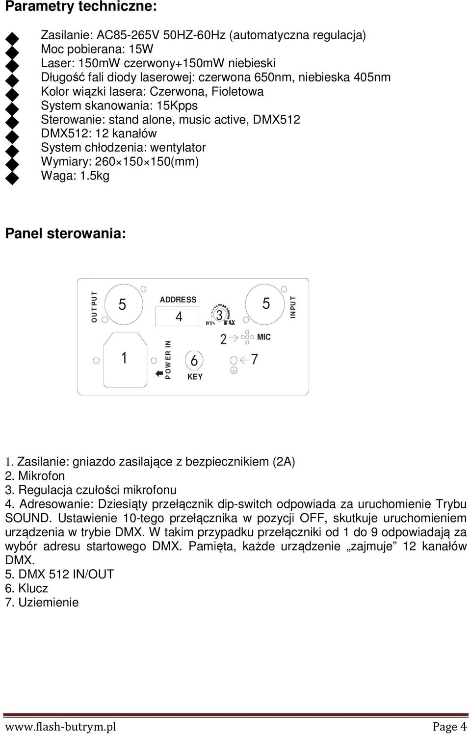 5kg Panel sterowania: OU T PU T 5 ADDRESS 5 P OW ER IN 4 1 6 KEY 3 2 7 MIC IN PU T 1. Zasilanie: gniazdo zasilające z bezpiecznikiem (2A) 2. Mikrofon 3. Regulacja czułości mikrofonu 4.