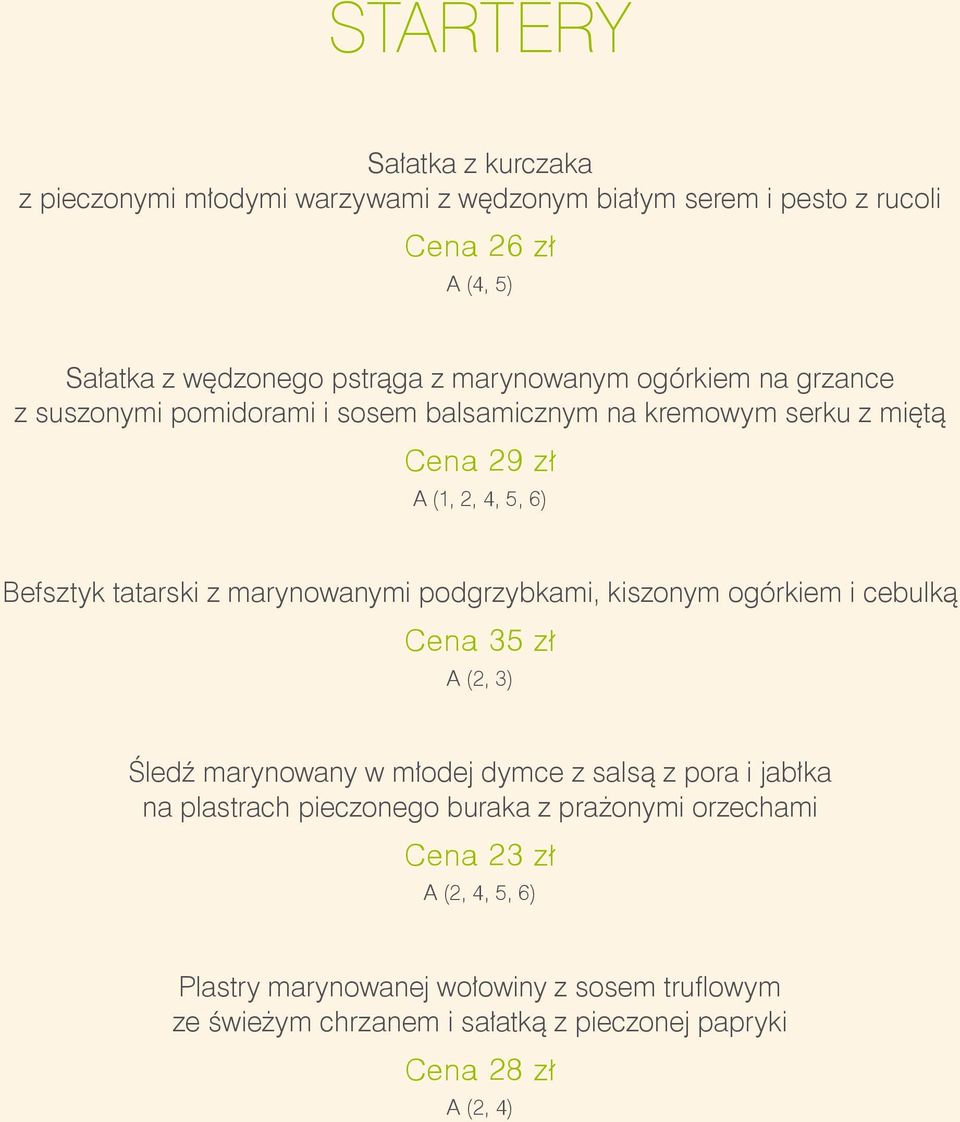 marynowanymi podgrzybkami, kiszonym ogórkiem i cebulką Cena 35 zł A (2, 3) Śledź marynowany w młodej dymce z salsą z pora i jabłka na plastrach pieczonego