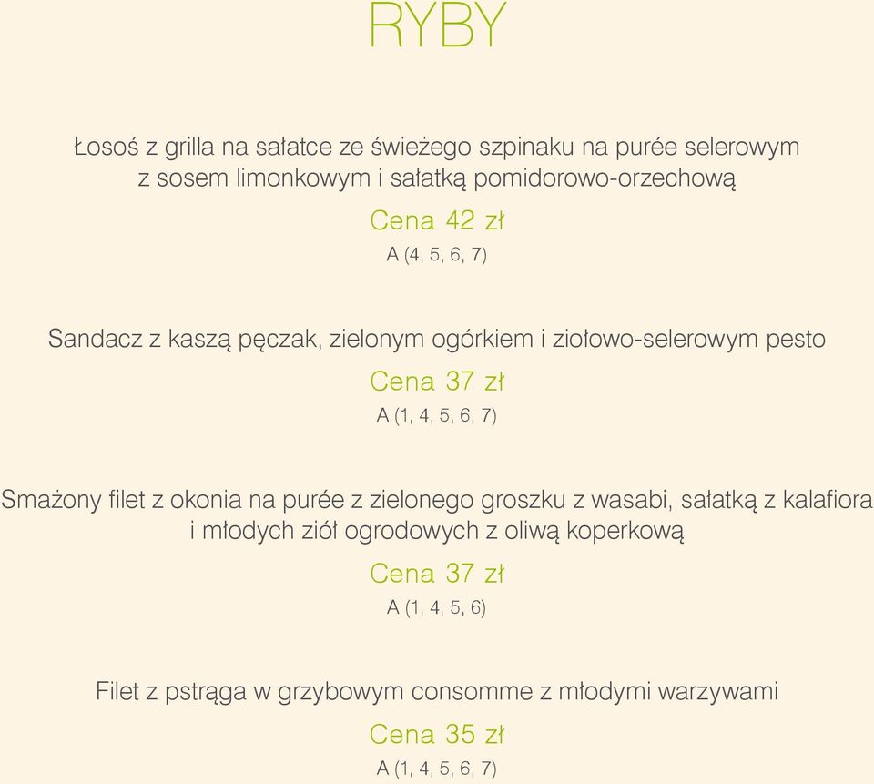 7) Smażony filet z okonia na purée z zielonego groszku z wasabi, sałatką z kalafiora i młodych ziół ogrodowych z oliwą