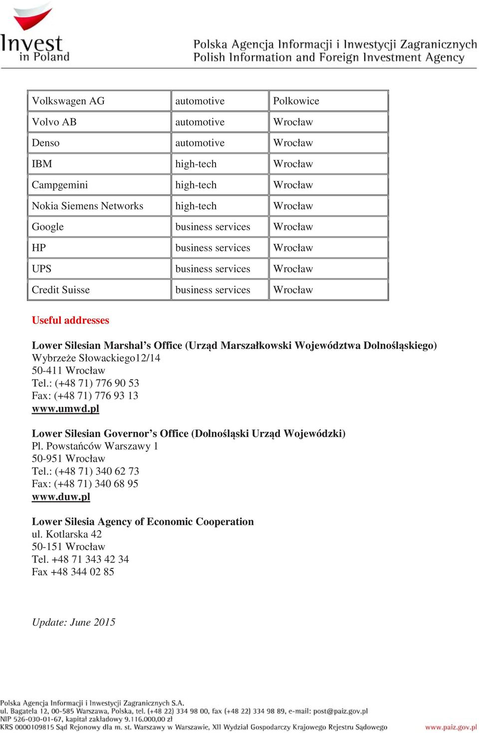 Dolno l skiego) Wybrze e Słowackiego12/14 50-411 Wrocław Tel.: (+48 71) 776 90 53 Fax: (+48 71) 776 93 13 www.umwd.pl Lower Silesian Governor s Office (Dolno l ski Urz d Wojewódzki) Pl.