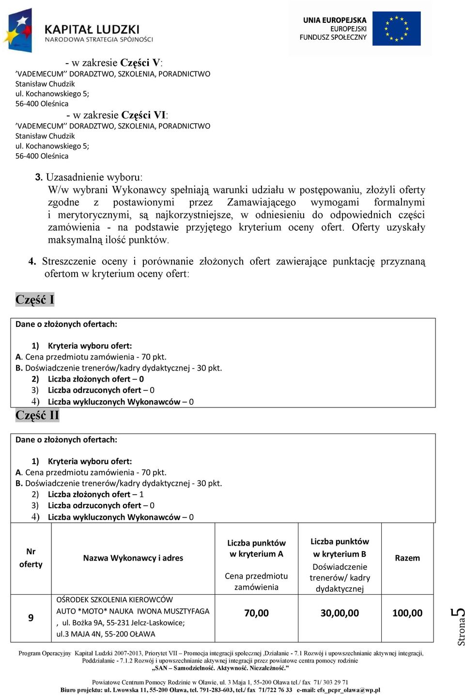 odpoiednich części zamóienia - na podstaie przyjętego kryterium oceny ofert. Oferty uzyskały maksymalną ilość punktó. 4.