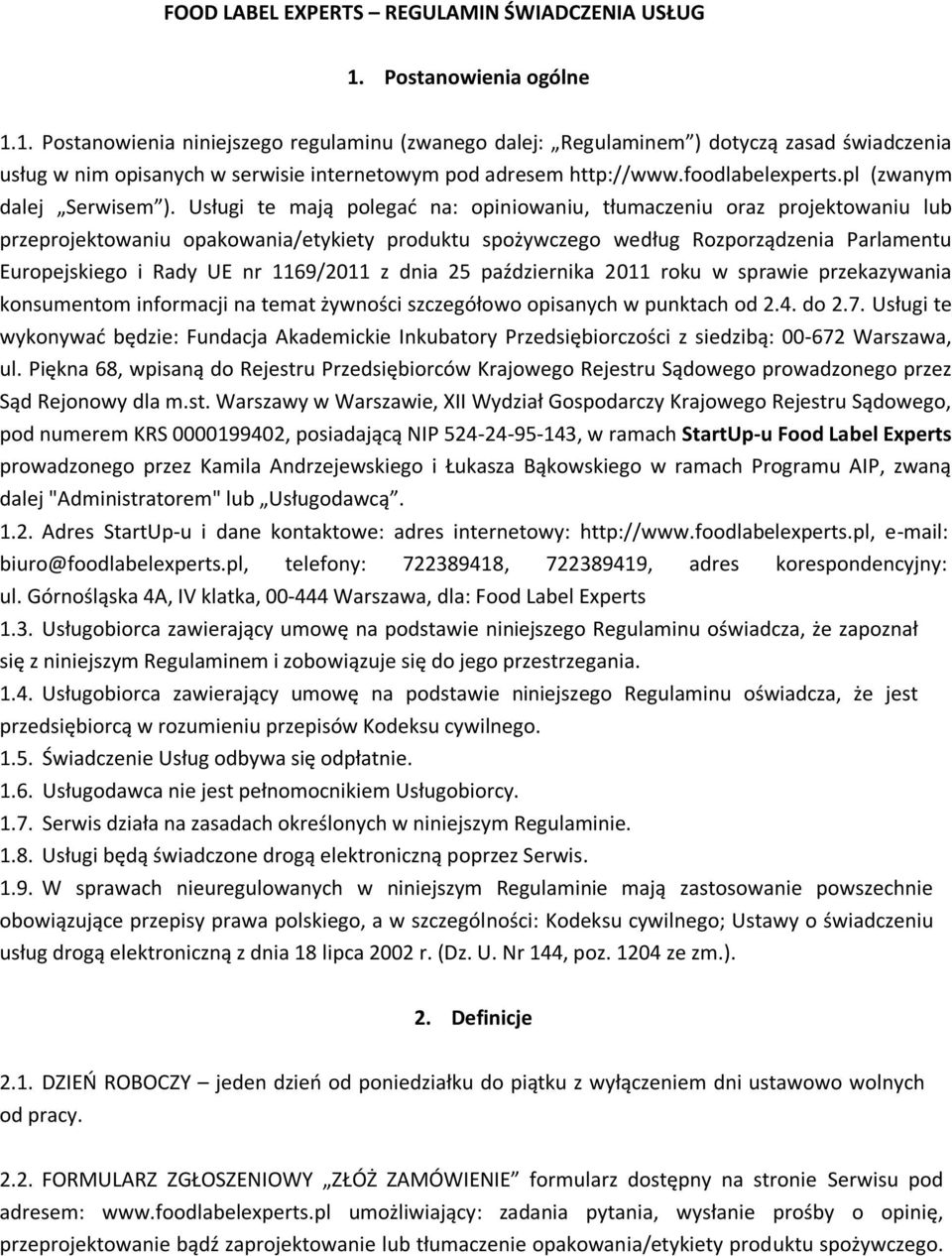 foodlabelexperts.pl (zwanym dalej Serwisem ).