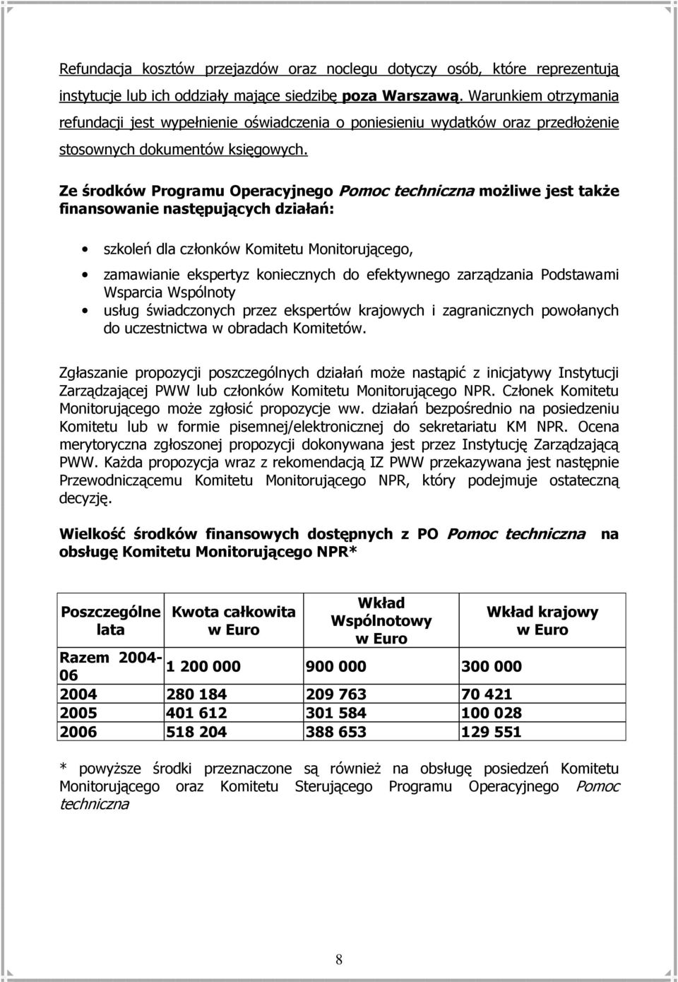 Ze środków Programu Operacyjnego Pomoc techniczna moŝliwe jest takŝe finansowanie następujących działań: szkoleń dla członków Komitetu Monitorującego, zamawianie ekspertyz koniecznych do efektywnego
