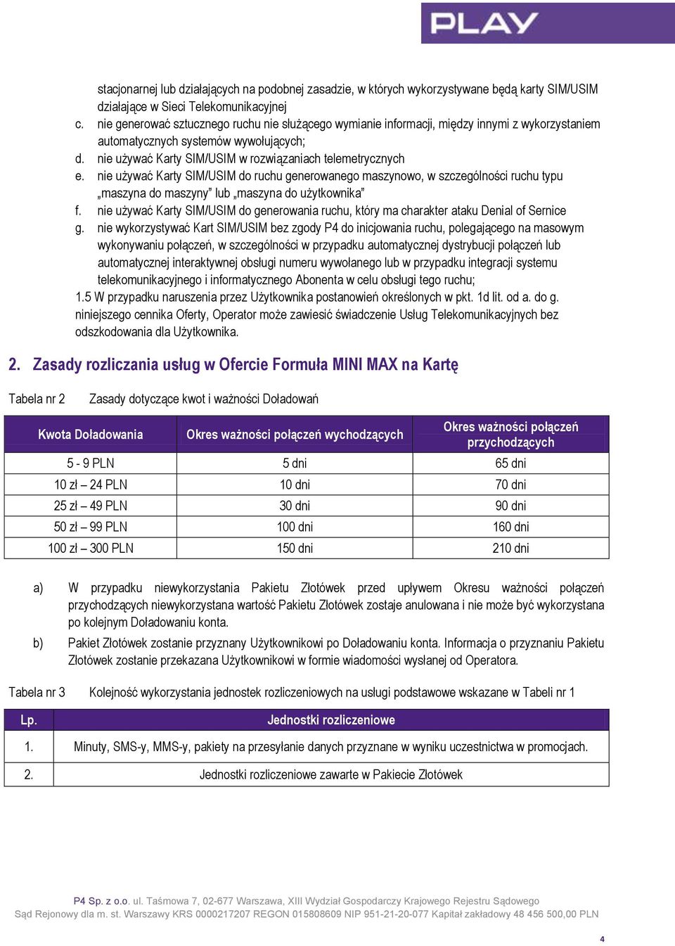 nie używać Karty SIM/USIM do ruchu generowanego maszynowo, w szczególności ruchu typu maszyna do maszyny lub maszyna do użytkownika f.