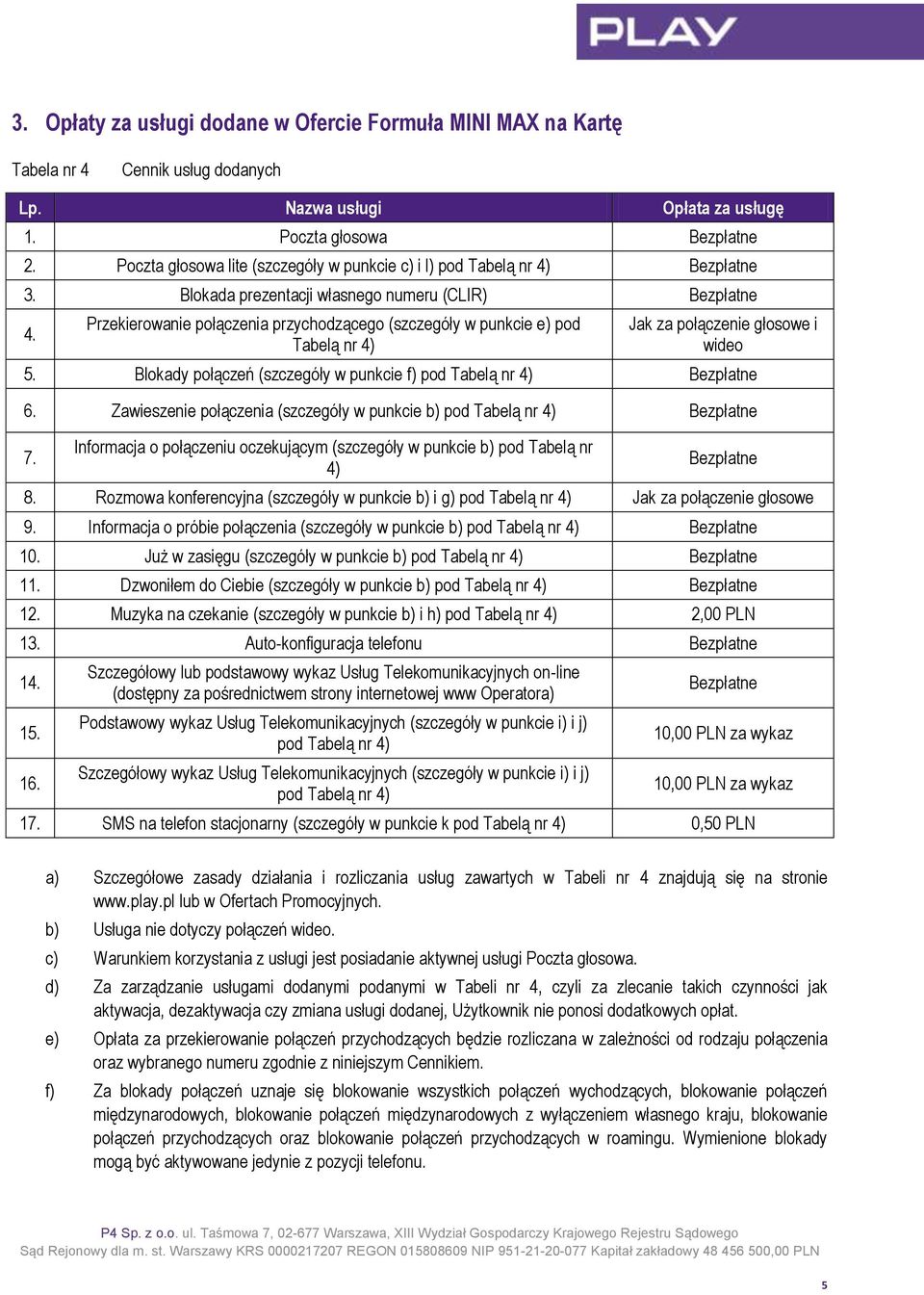 Przekierowanie połączenia przychodzącego (szczegóły w punkcie e) pod Tabelą nr 4) Jak za połączenie głosowe i wideo 5. Blokady połączeń (szczegóły w punkcie f) pod Tabelą nr 4) Bezpłatne 6.