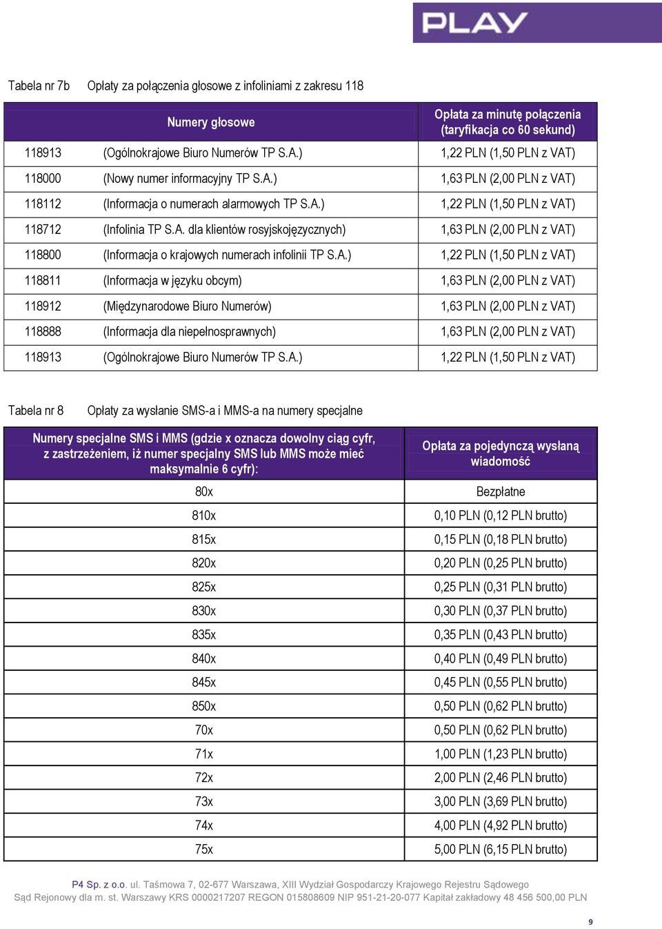 A.) 1,22 PLN (1,50 PLN z VAT) 118811 (Informacja w języku obcym) 1,63 PLN (2,00 PLN z VAT) 118912 (Międzynarodowe Biuro Numerów) 1,63 PLN (2,00 PLN z VAT) 118888 (Informacja dla niepełnosprawnych)