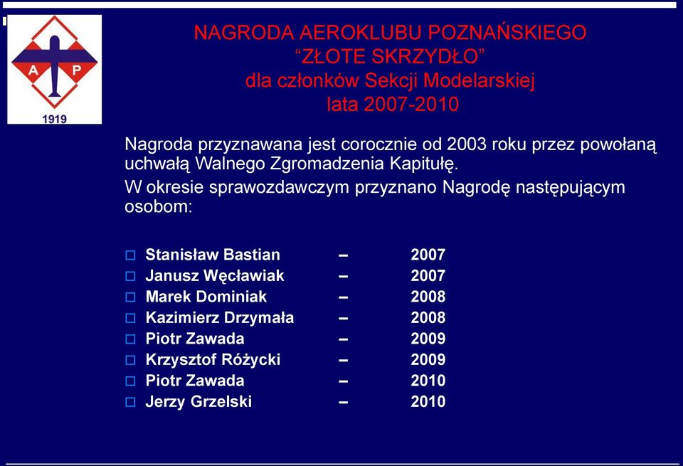 W okresie sprawozdawczym przyznano Nagrodę następującym osobom: Stanisław Bastian 2007 Janusz Węcławiak