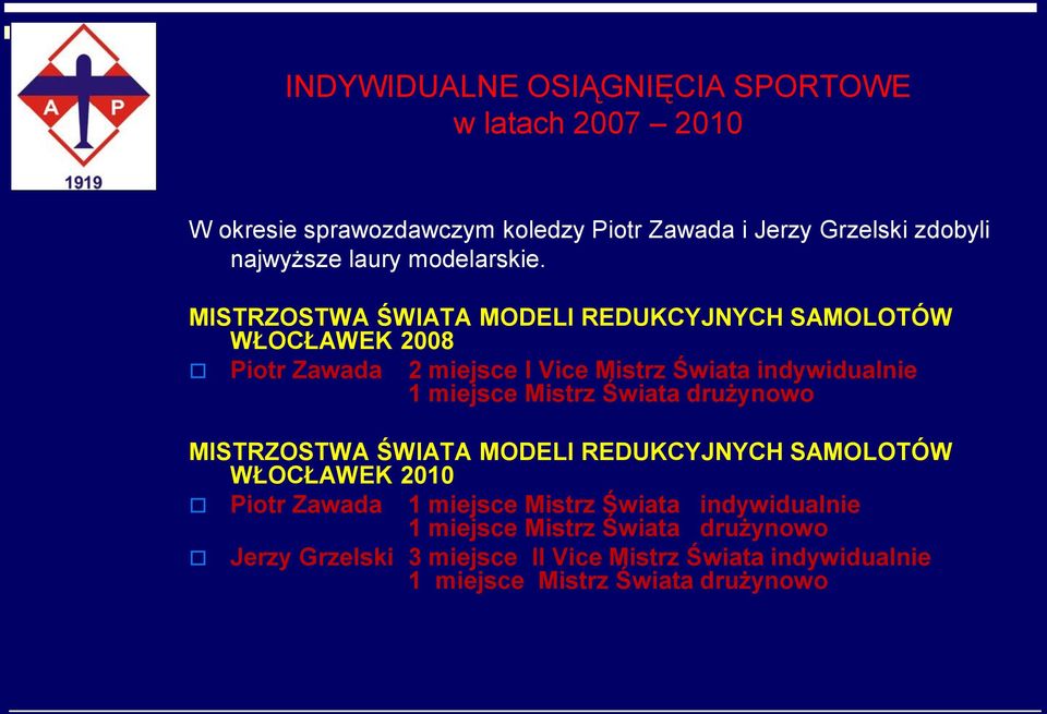 MISTRZOSTWA ŚWIATA MODELI REDUKCYJNYCH SAMOLOTÓW WŁOCŁAWEK 2008 Piotr Zawada 2 miejsce I Vice Mistrz Świata indywidualnie 1 miejsce