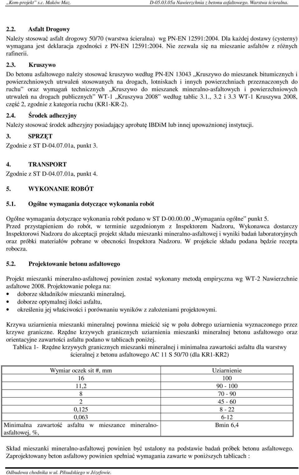 Kruszywo Do betonu asfaltowego należy stosować kruszywo według PN-EN 13043 Kruszywo do mieszanek bitumicznych i powierzchniowych utrwaleń stosowanych na drogach, lotniskach i innych powierzchniach