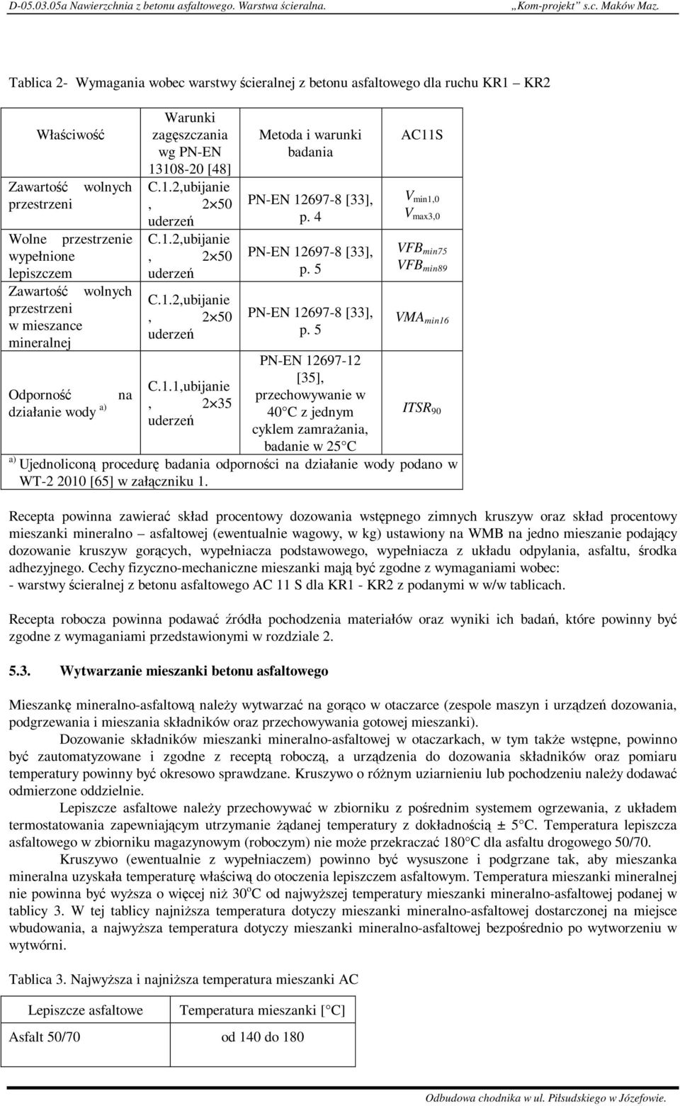 mieszance mineralnej Odporność działanie wody a) na Warunki zagęszczania wg PN-EN 13108-20 [48] C.1.2,ubijanie, 2 50 C.1.2,ubijanie, 2 50 C.1.2,ubijanie, 2 50 C.1.1,ubijanie, 2 35 Metoda i warunki badania PN-EN 12697-8 [33], p.