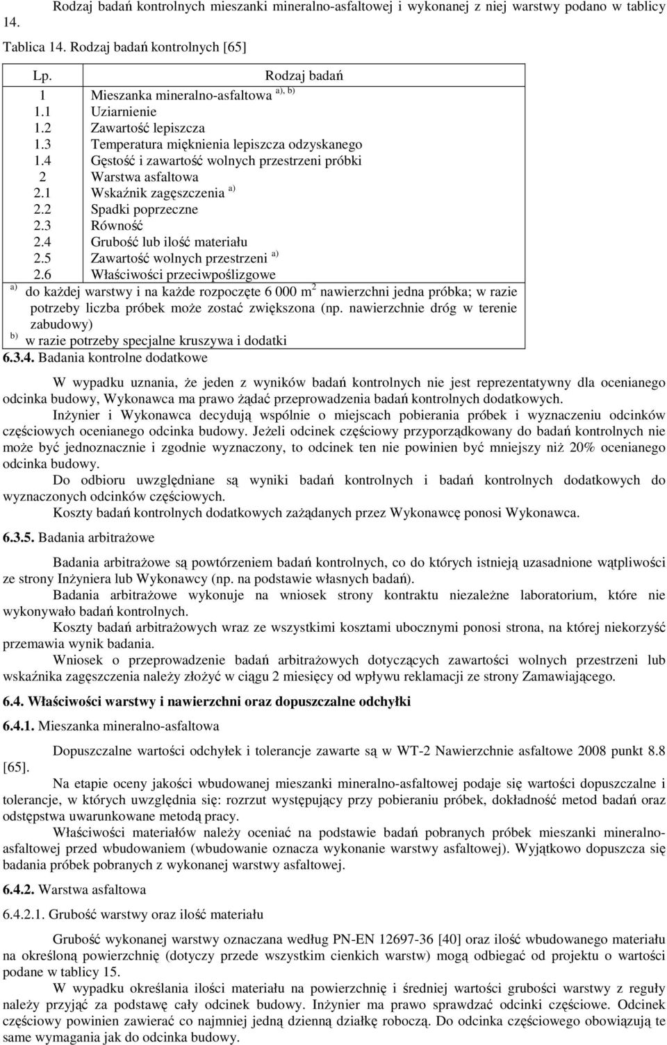 4 Gęstość i zawartość wolnych przestrzeni próbki 2 Warstwa asfaltowa 2.1 Wskaźnik zagęszczenia a) 2.2 Spadki poprzeczne 2.3 Równość 2.4 Grubość lub ilość materiału 2.