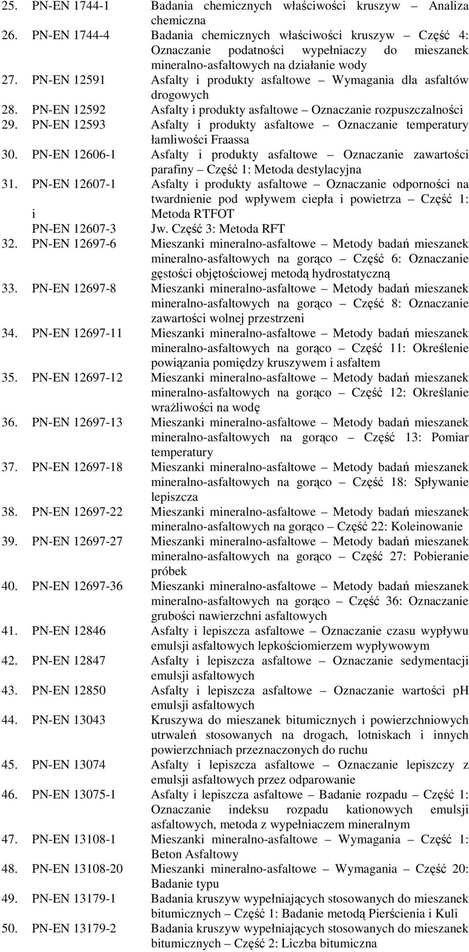 12591 Asfalty i produkty asfaltowe Wymagania dla asfaltów drogowych 28. 12592 Asfalty i produkty asfaltowe Oznaczanie rozpuszczalności 29.