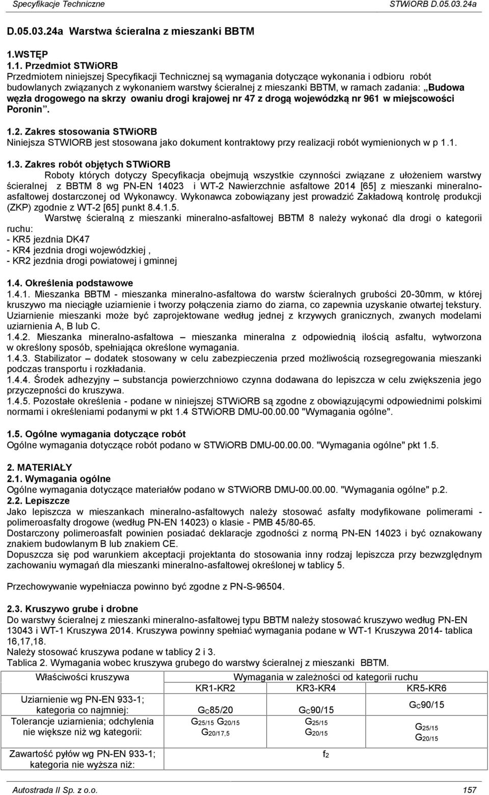 1. Przedmiot STWiORB Przedmiotem niniejszej Specyfikacji Technicznej są wymagania dotyczące wykonania i odbioru robót budowlanych związanych z wykonaniem warstwy ścieralnej z mieszanki BBTM, w ramach