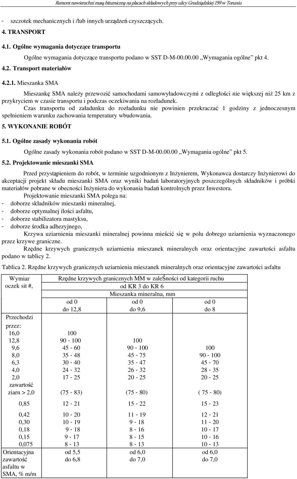 Mieszanka SMA Mieszankę SMA należy przewozić samochodami samowyładowczymi z odległości nie większej niż 25 km z przykryciem w czasie transportu i podczas oczekiwania na rozładunek.