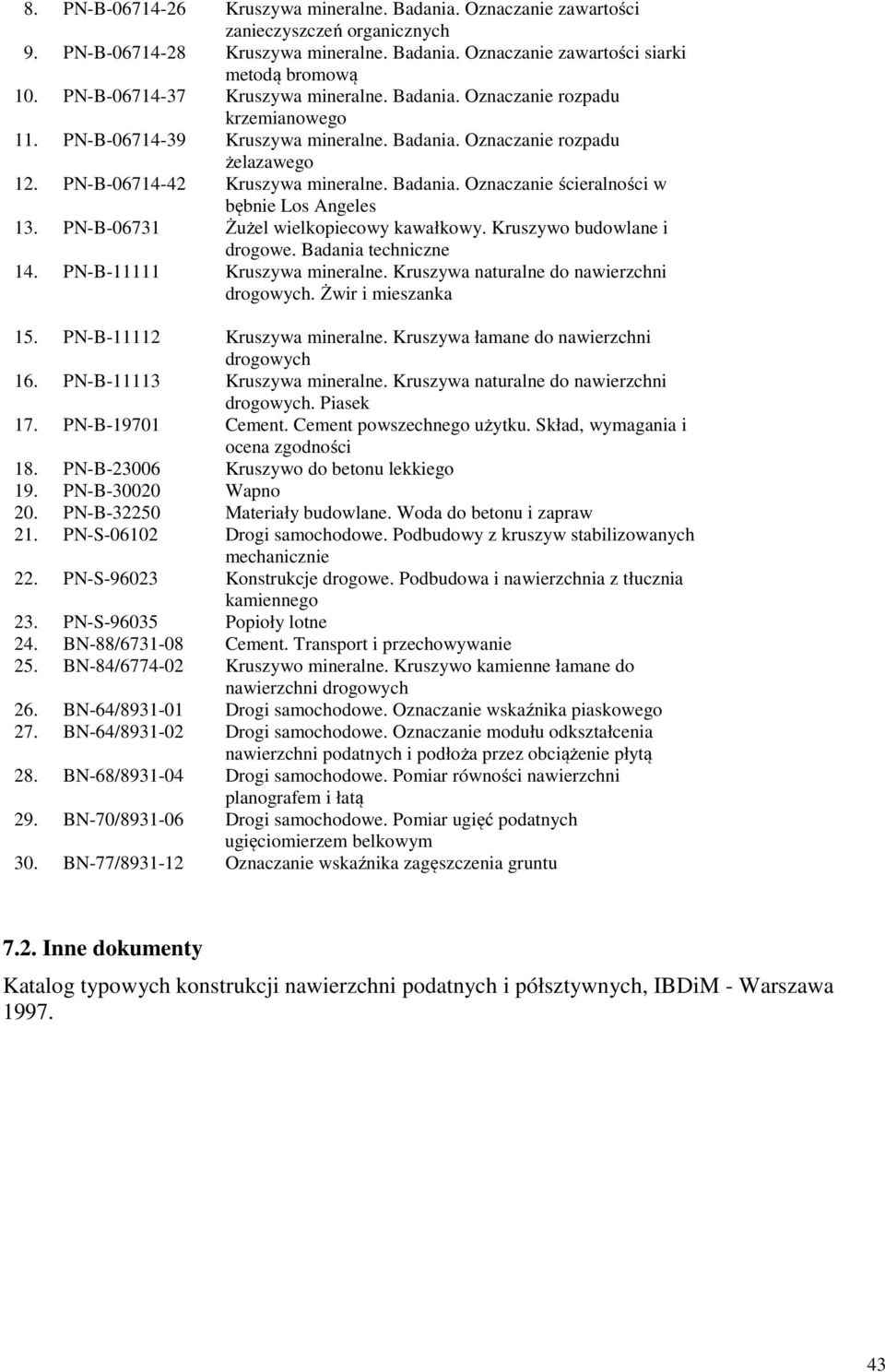 PN-B-06731 Żużel wielkopiecowy kawałkowy. Kruszywo budowlane i drogowe. Badania techniczne 14. PN-B-11111 Kruszywa mineralne. Kruszywa naturalne do nawierzchni drogowych. Żwir i mieszanka 15.