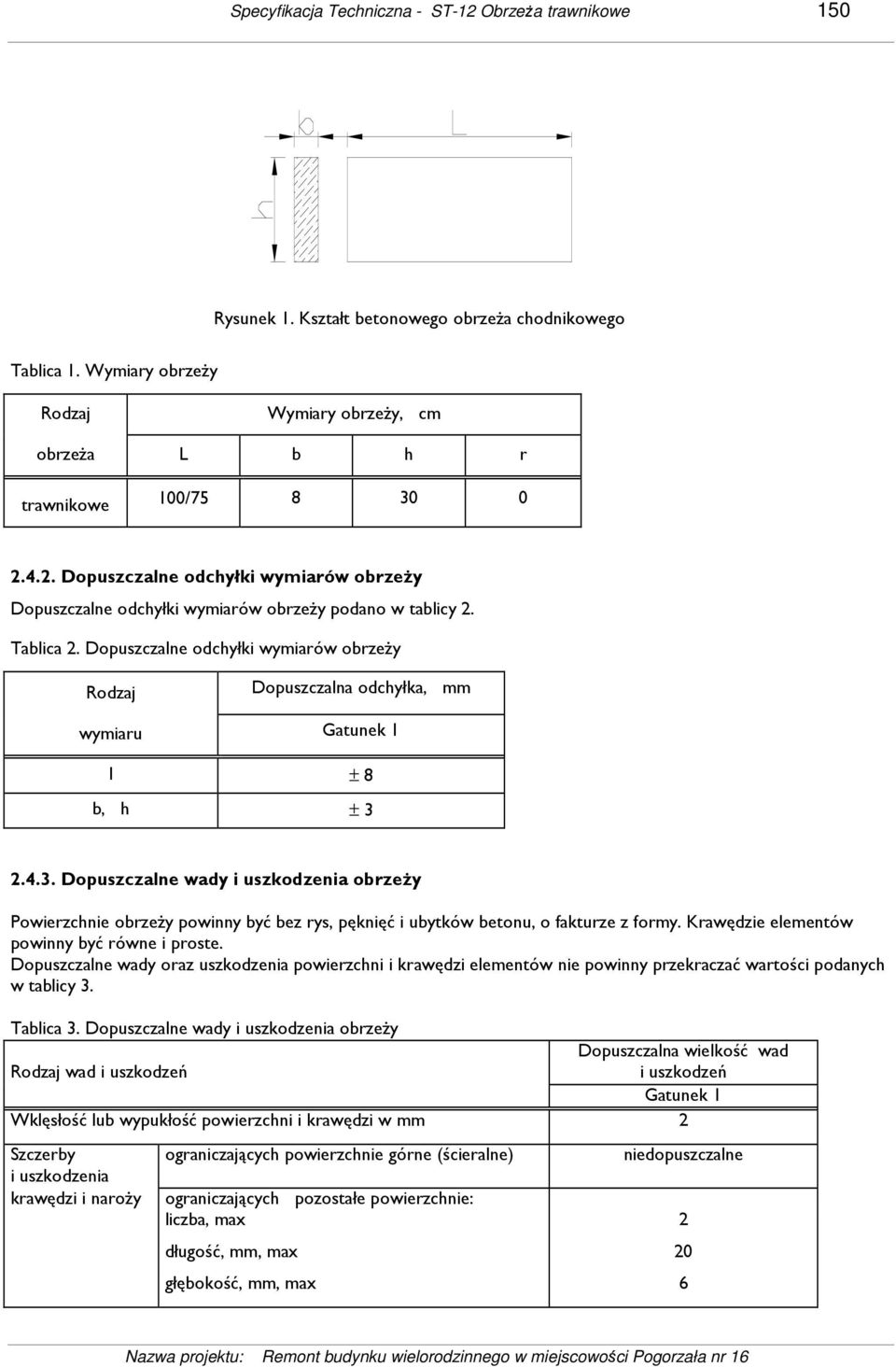 Dopuszczalne odchyłki wymiarów obrzeŝy Rodzaj Dopuszczalna odchyłka, mm wymiaru Gatunek 1 l ± 8 b, h ± 3 