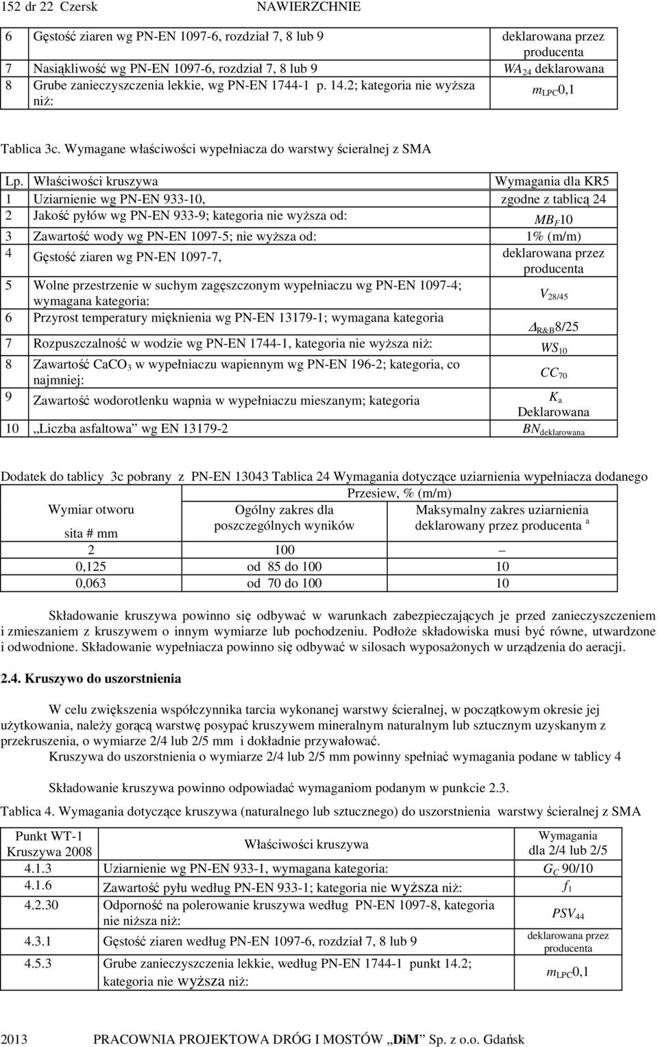 Właściwości kruszywa Wymagania dla KR5 1 Uziarnienie wg PN-EN 933-10, zgodne z tablicą 24 2 Jakość pyłów wg PN-EN 933-9; kategoria nie wyŝsza od: MB F 10 3 Zawartość wody wg PN-EN 1097-5; nie wyŝsza
