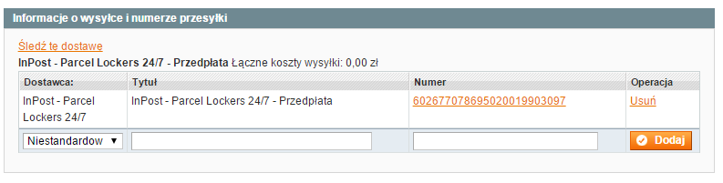 18 Generowanie numer trackingowego w późniejszym terminie Idź do zakładki Sprzedaże >> InPost >> Lista wysyłek, kliknij na wybraną dostawę i naciśnij przycisk Wyślij informację o numerze przesyłki w