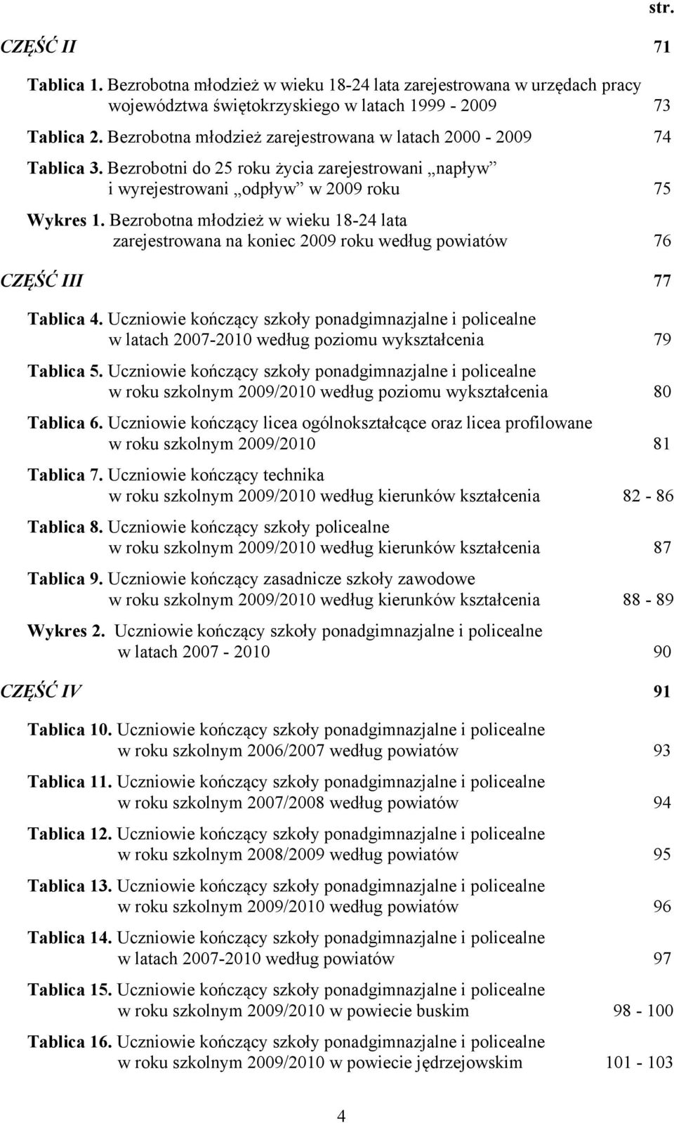 Bezrobotna młodzież w wieku 18-24 lata zarejestrowana na koniec 2009 roku według powiatów 76 CZĘŚĆ III 77 Tablica 4.