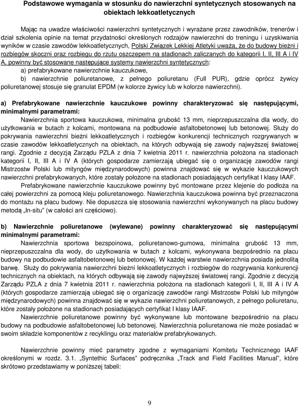 bieżni i rozbiegów skoczni oraz rozbiegu do rzutu oszczepem na stadionach zaliczanych do kategorii I, II, III A i IV A, powinny być stosowane następujące systemy nawierzchni syntetycznych: a)