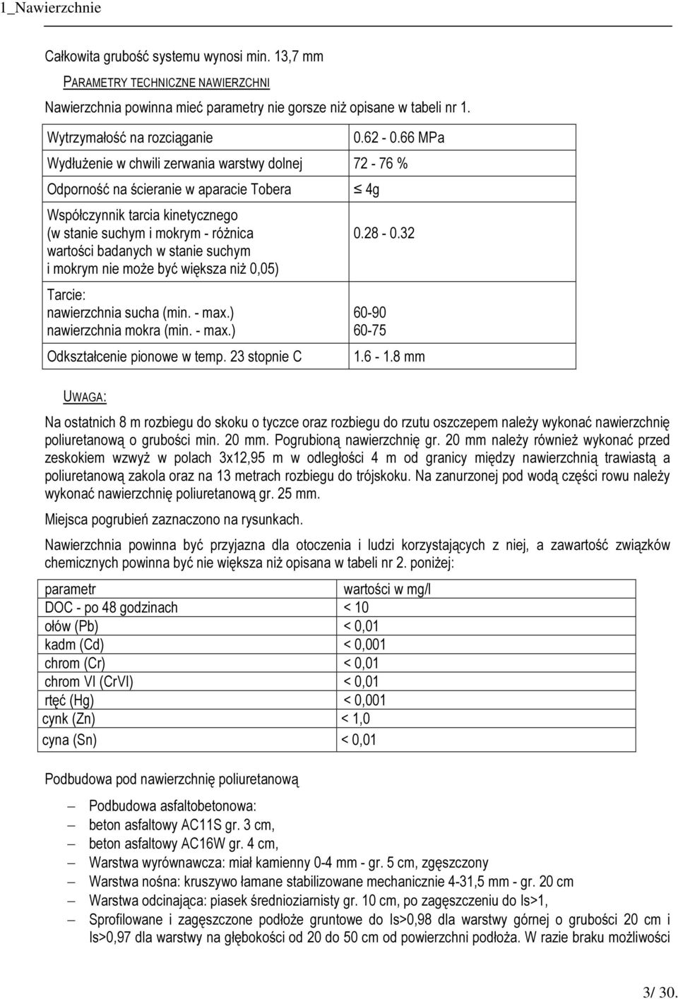 suchym i mokrym nie może być większa niż 0,05) Tarcie: nawierzchnia sucha (min. - max.) nawierzchnia mokra (min. - max.) Odkształcenie pionowe w temp. 23 stopnie C 4g 0.28-0.32 60-90 60-75 1.6-1.