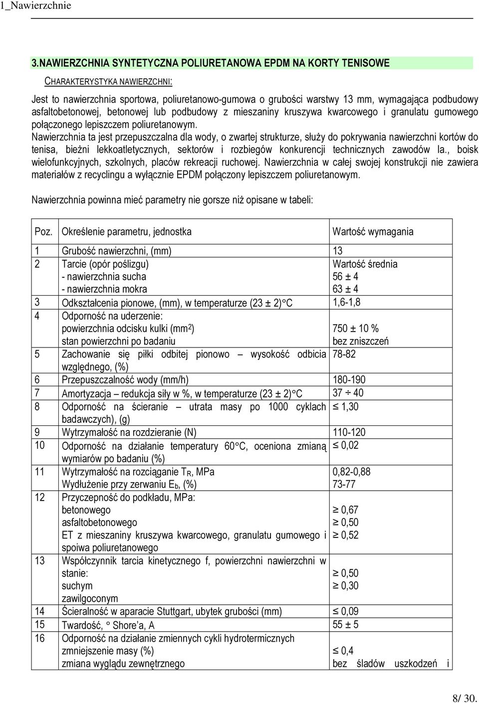 Nawierzchnia ta jest przepuszczalna dla wody, o zwartej strukturze, służy do pokrywania nawierzchni kortów do tenisa, bieżni lekkoatletycznych, sektorów i rozbiegów konkurencji technicznych zawodów