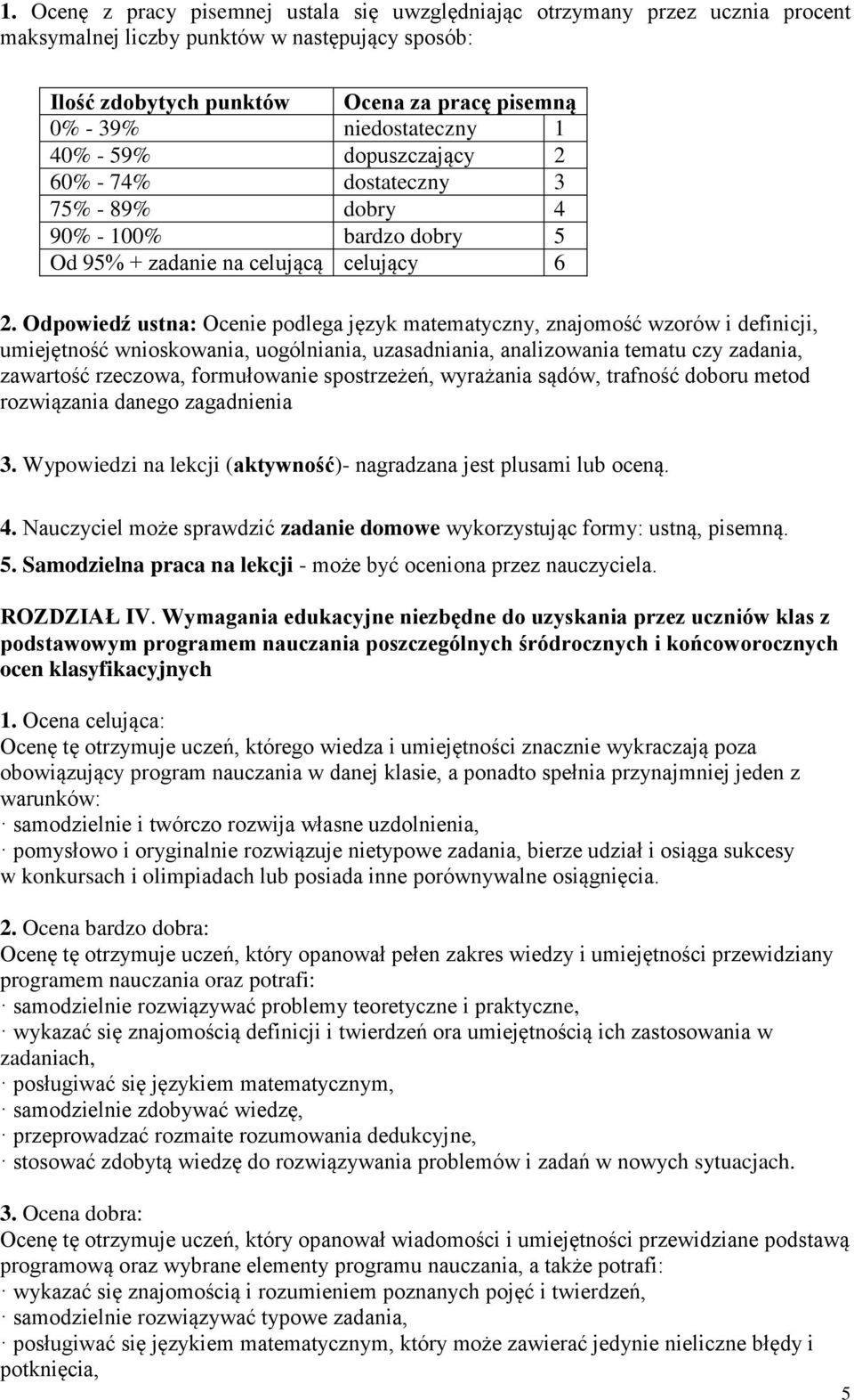 Odpowiedź ustna: Ocenie podlega język matematyczny, znajomość wzorów i definicji, umiejętność wnioskowania, uogólniania, uzasadniania, analizowania tematu czy zadania, zawartość rzeczowa,