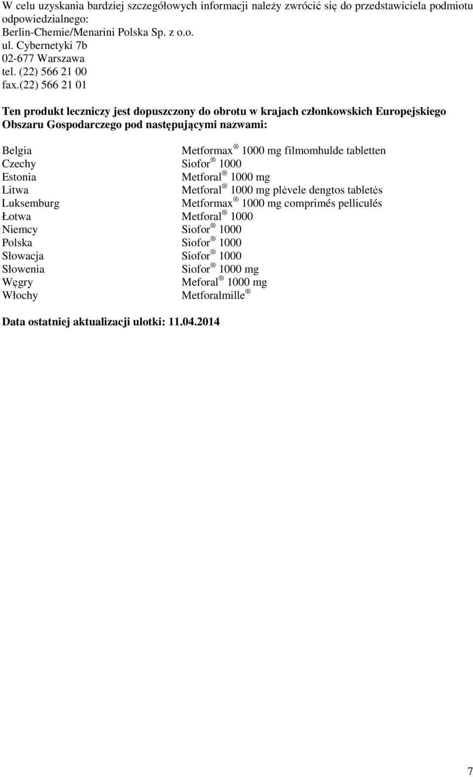 (22) 566 21 01 Ten produkt leczniczy jest dopuszczony do obrotu w krajach członkowskich Europejskiego Obszaru Gospodarczego pod następującymi nazwami: Belgia Metformax 1000 mg filmomhulde