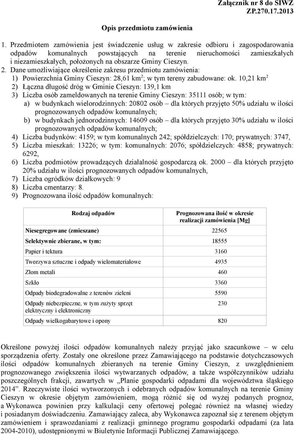 Gminy Cieszyn. 2. Dane umożliwiające określenie zakresu przedmiotu zamówienia: 1) Powierzchnia Gminy Cieszyn: 28,61 km 2 ; w tym tereny zabudowane: ok.