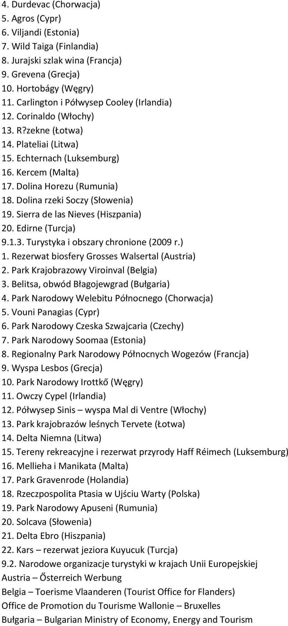 Dolina rzeki Soczy (Słowenia) 19. Sierra de las Nieves (Hiszpania) 20. Edirne (Turcja) 9.1.3. Turystyka i obszary chronione (2009 r.) 1. Rezerwat biosfery Grosses Walsertal (Austria) 2.