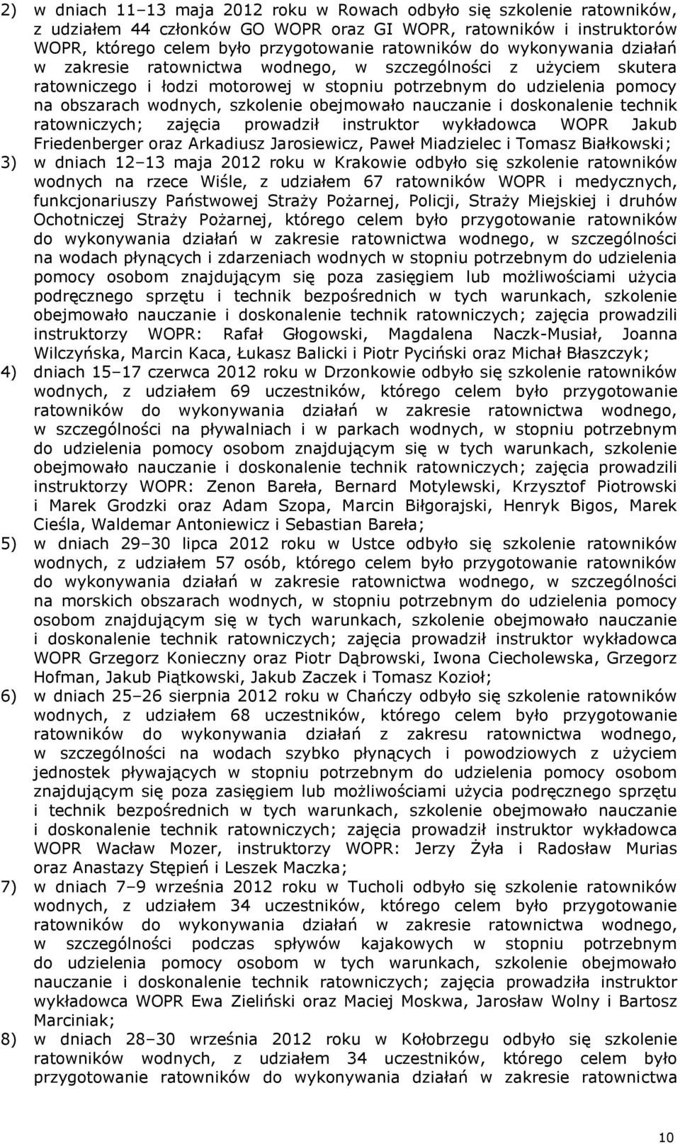 obejmowało nauczanie i doskonalenie technik ratowniczych; zajęcia prowadził instruktor wykładowca WOPR Jakub Friedenberger oraz Arkadiusz Jarosiewicz, Paweł Miadzielec i Tomasz Białkowski; 3) w
