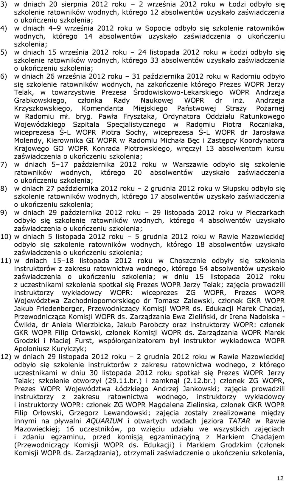 odbyło się szkolenie ratowników wodnych, którego 33 absolwentów uzyskało zaświadczenia o ukończeniu szkolenia; 6) w dniach 26 września 2012 roku 31 października 2012 roku w Radomiu odbyło się