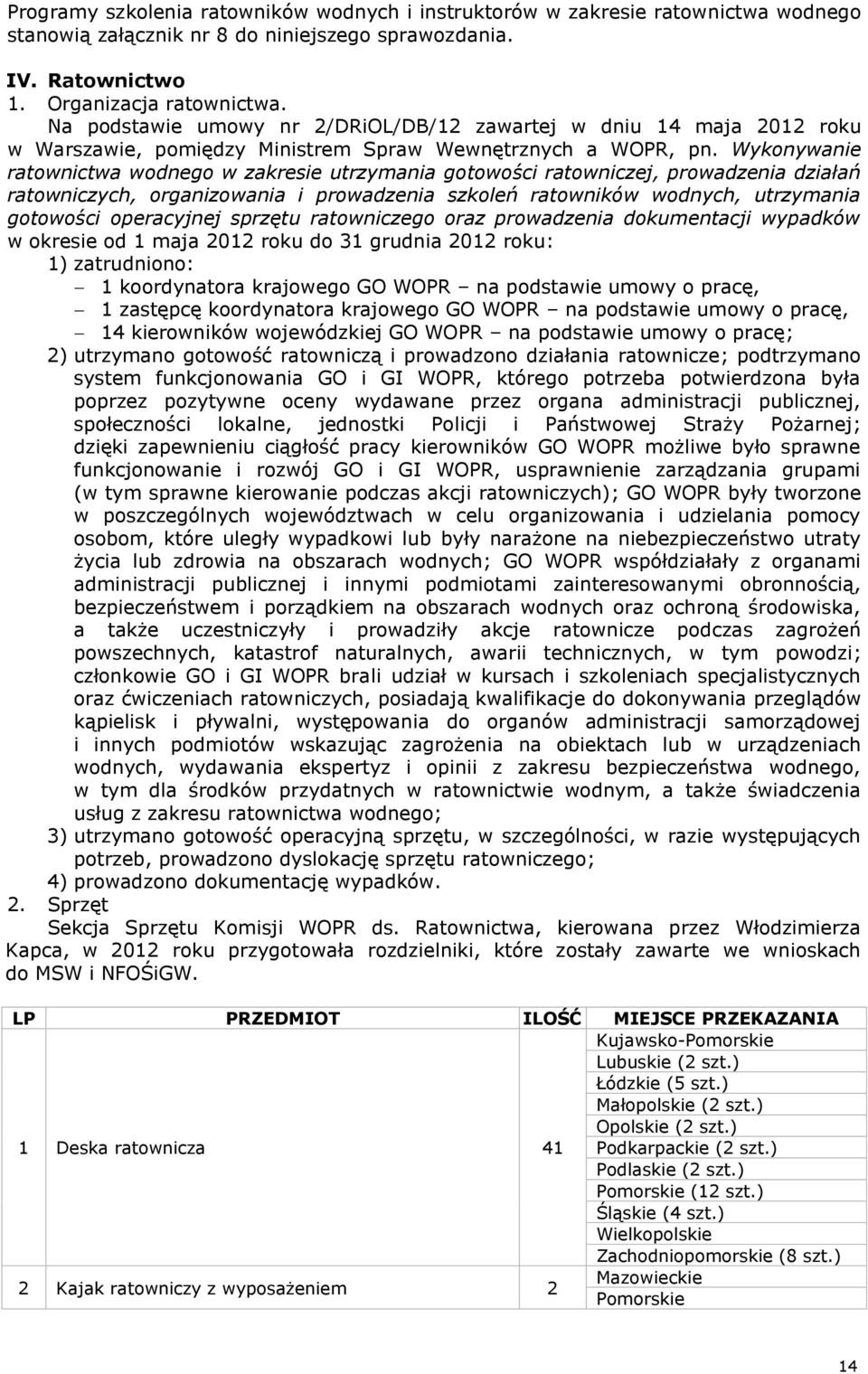 Wykonywanie ratownictwa wodnego w zakresie utrzymania gotowości ratowniczej, prowadzenia działań ratowniczych, organizowania i prowadzenia szkoleń ratowników wodnych, utrzymania gotowości operacyjnej