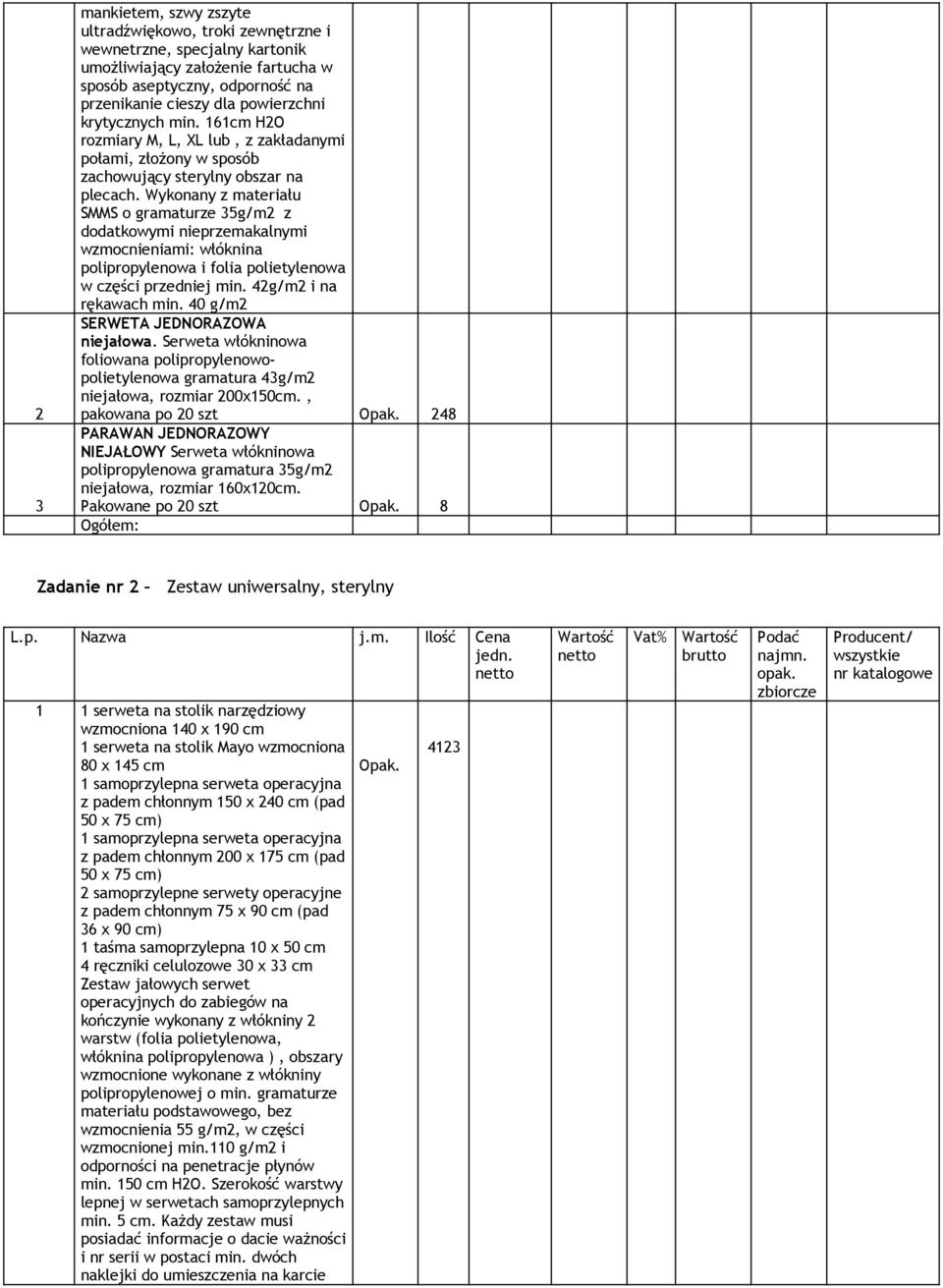 Wykonany z materiału SMMS o gramaturze 35g/m2 z dodatkowymi nieprzemakalnymi wzmocnieniami: włóknina polipropylenowa i folia polietylenowa w części przedniej min. 42g/m2 i na rękawach min.