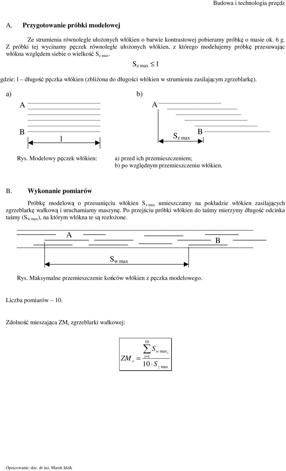 S z max l gdzie: l długość pęczka włókien (zbliżona do długości włókien w strumieniu zasilającym zgrzeblarkę). a) b) A B l A B S z max Rys.